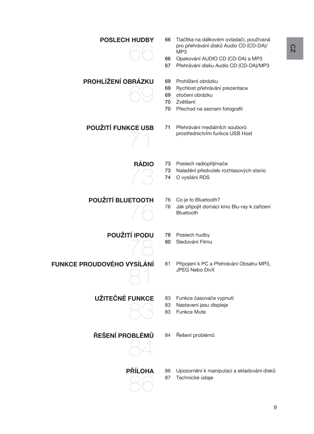 Samsung HT-BD7200T/XAA, HT-BD7200R/EDC manual Poslech hudby Prohlížení obrázku Použití funkce USB, Technické údaje 