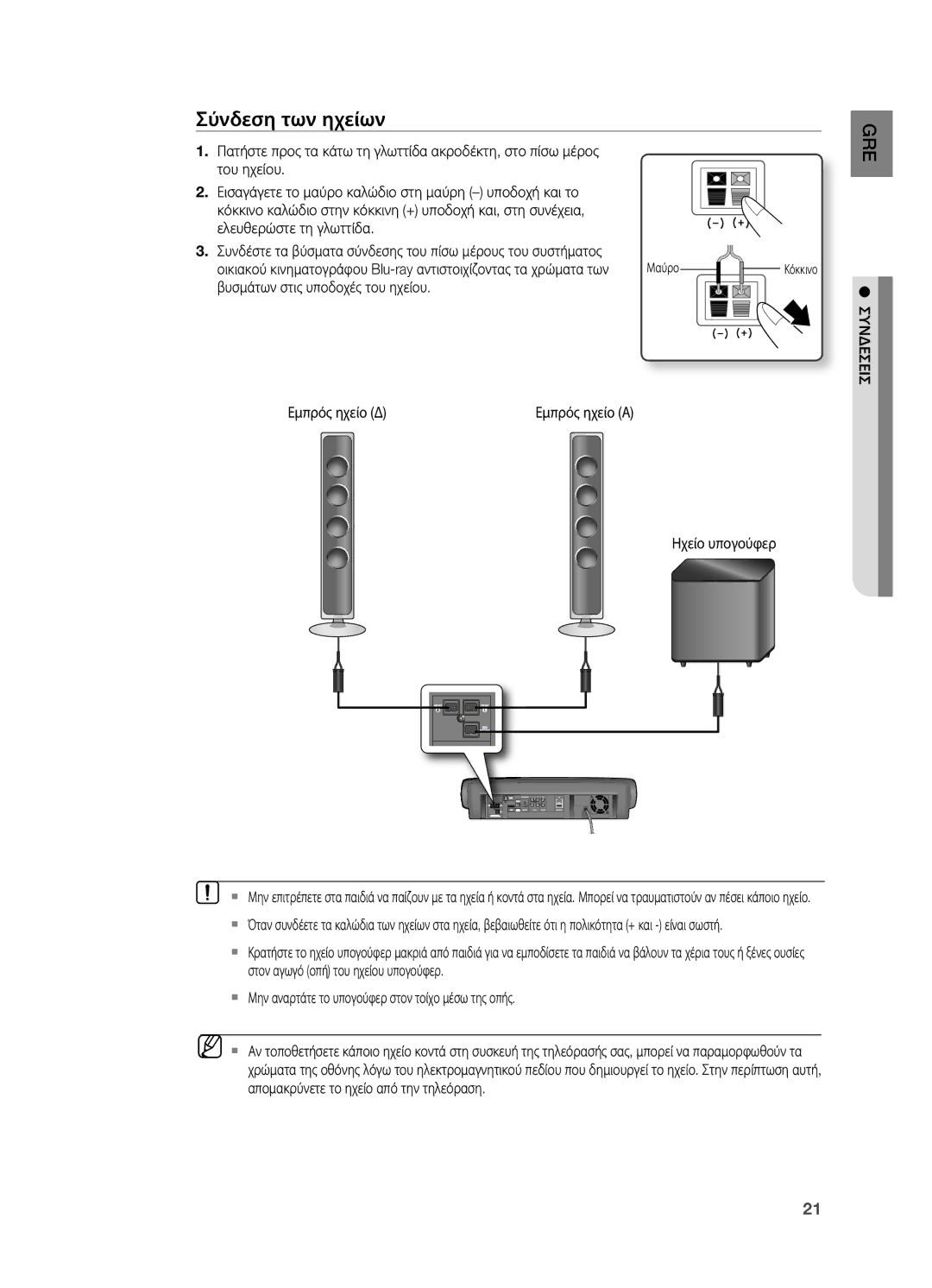 Samsung HT-BD7200R/EDC Σύνδεση των ηχείων, Βυσμάτων στις υποδοχές του ηχείου Εμπρός ηχείο Δ, Συνδεσεισ, Ηχείο υπογούφερ 