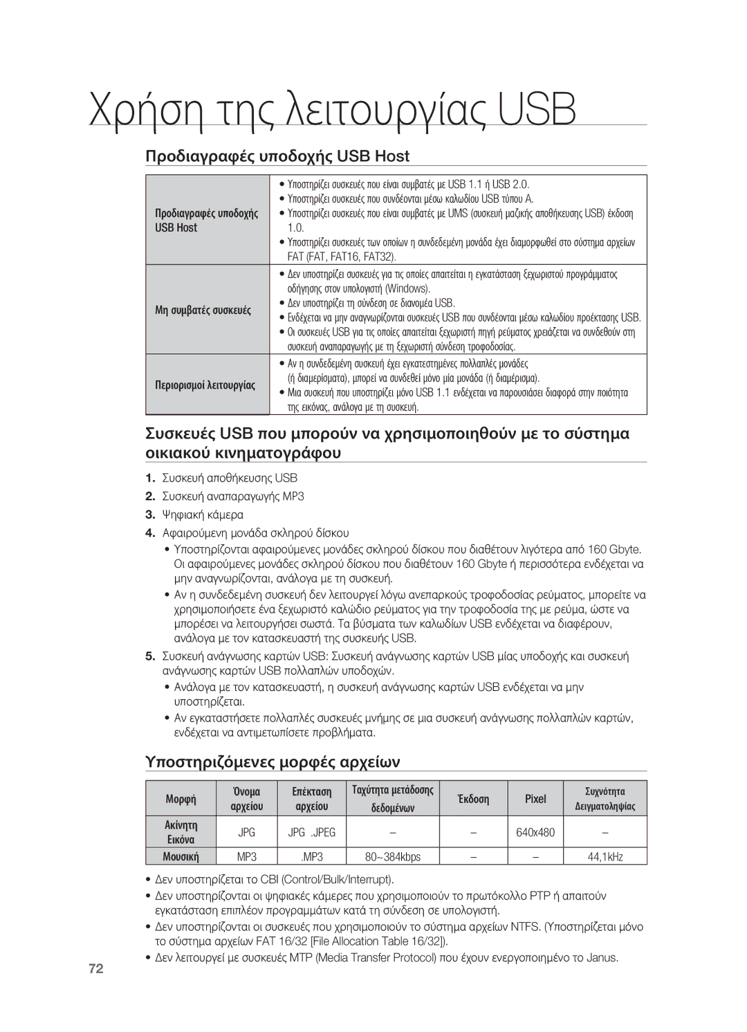 Samsung HT-BD7200R/EDC manual Προδιαγραφές υποδοχής USB Host, Υποστηριζόμενες μορφές αρχείων, Jpg 