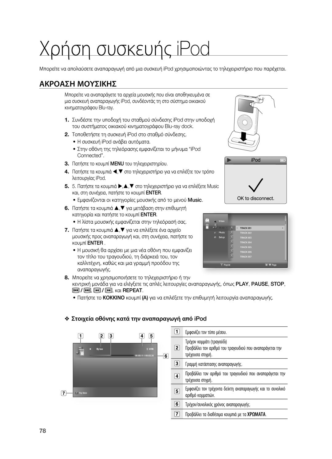 Samsung HT-BD7200R/EDC manual Χρήση συσκευής iPod, Ακροαση Μουσικησ, Στοιχεία οθόνης κατά την αναπαραγωγή από iPod 