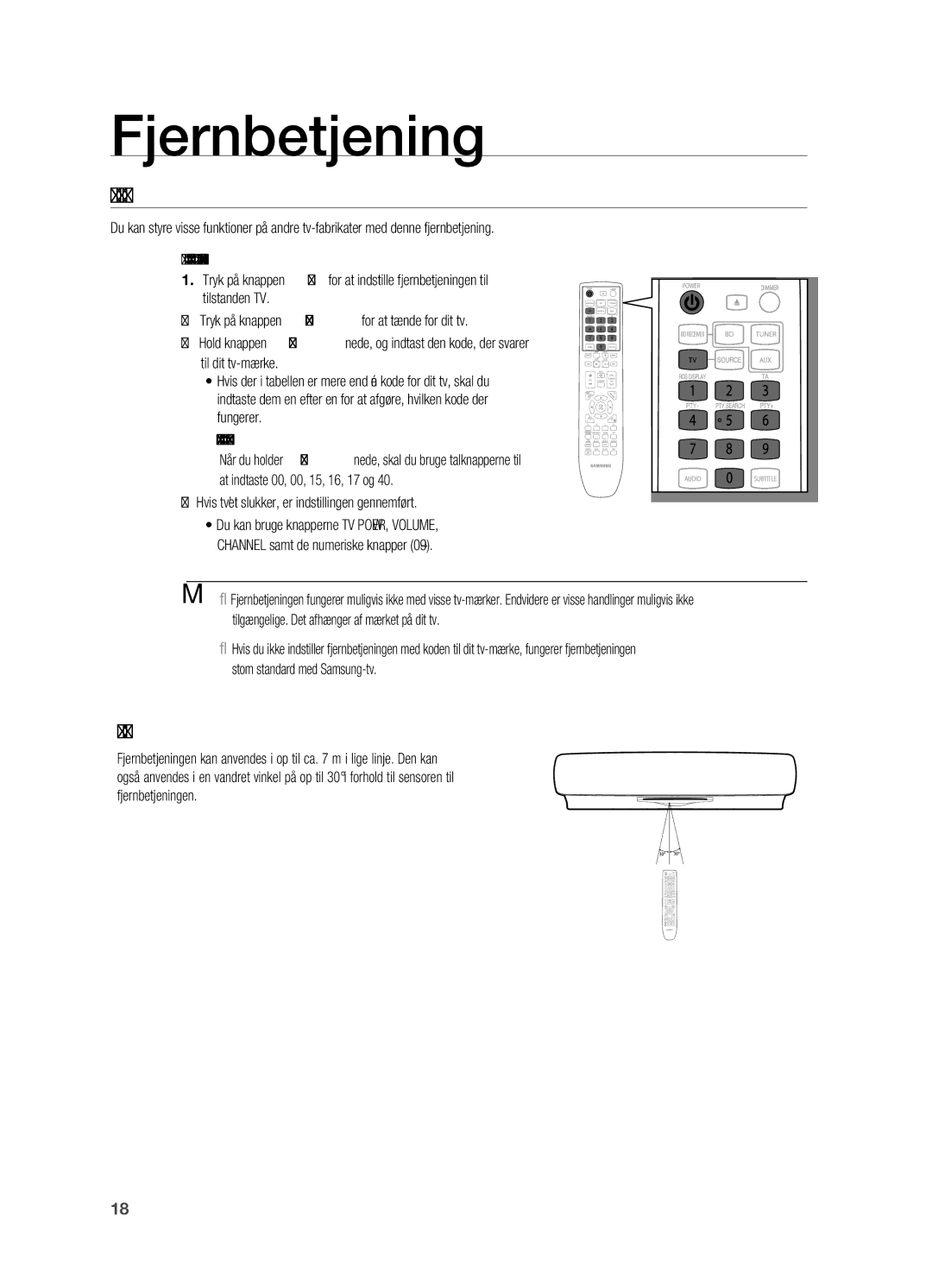 Samsung HT-BD7200R/XEE manual Opsætning Af fjernBetjeningen, Fjernbetjeningens rækkevidde 