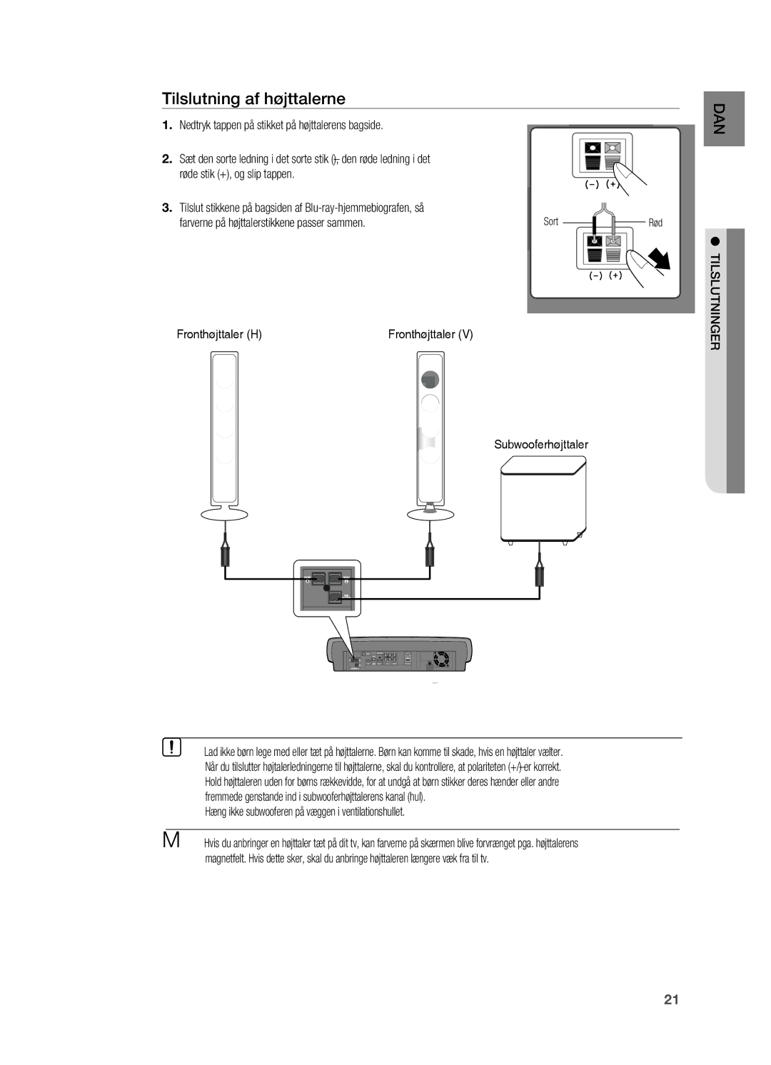 Samsung HT-BD7200R/XEE manual Tilslutning af højttalerne, ` Hæng ikke subwooferen på væggen i ventilationshullet 