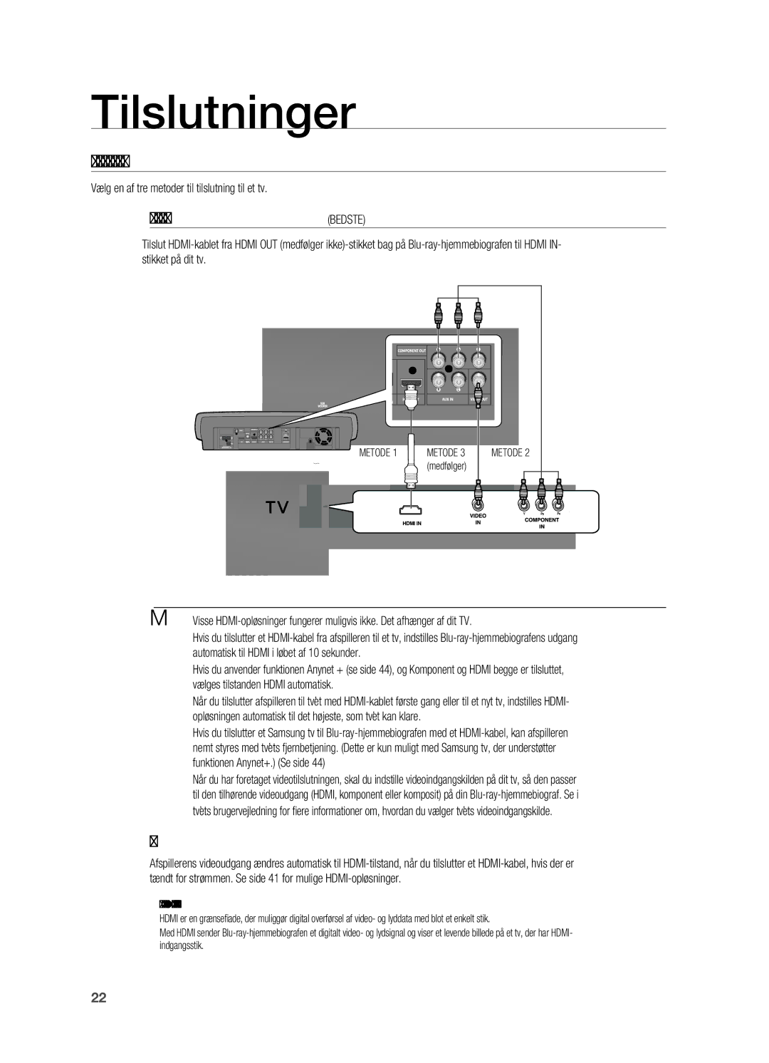 Samsung HT-BD7200R/XEE manual Tilslutning Af ViDeo out til Dit tV, MetoDe 1 HDMi, HDMi-autodetekteringsfunktion, Bedste 