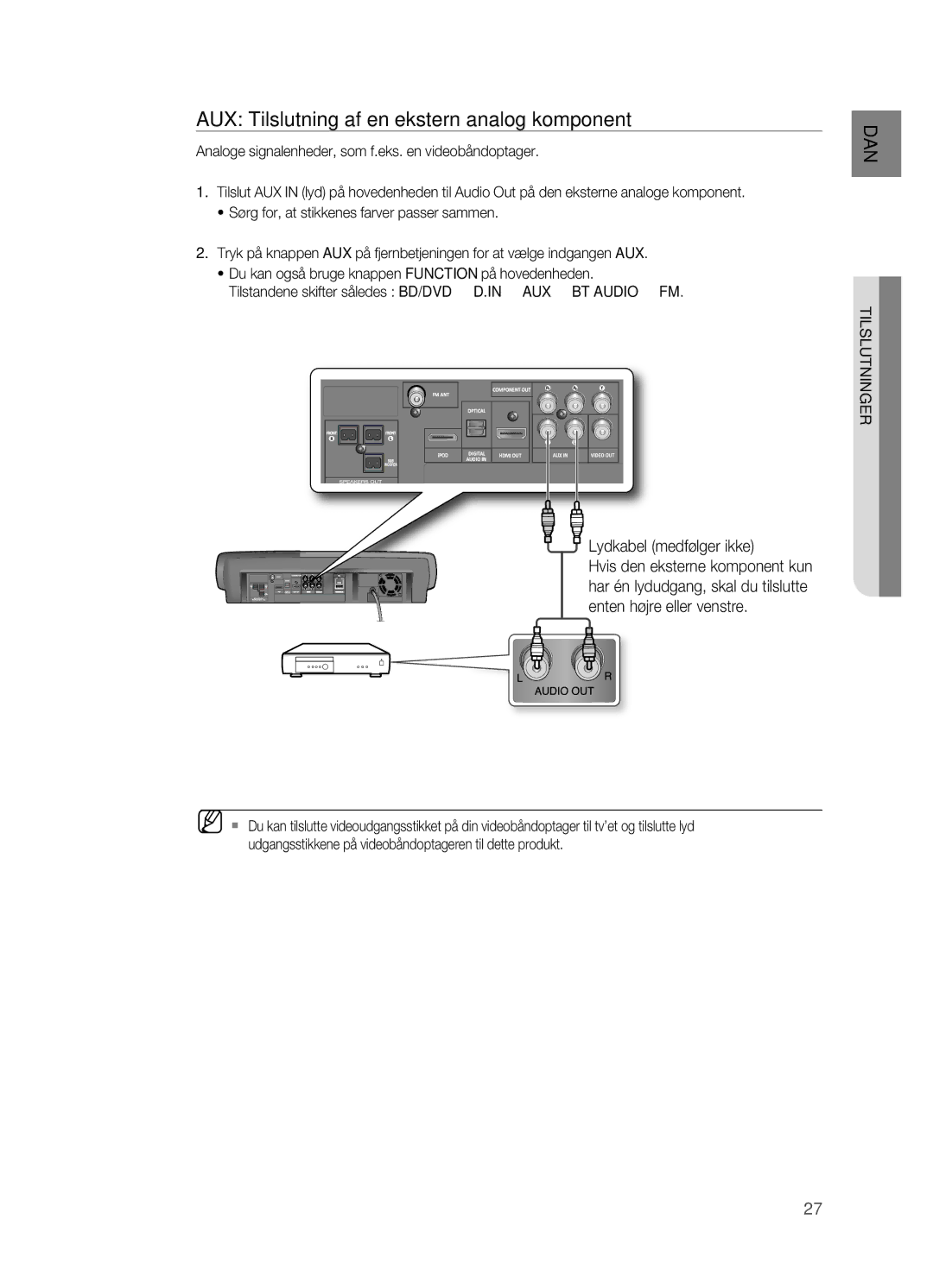 Samsung HT-BD7200R/XEE manual AuX tilslutning af en ekstern analog komponent, Lydkabel medfølger ikke 