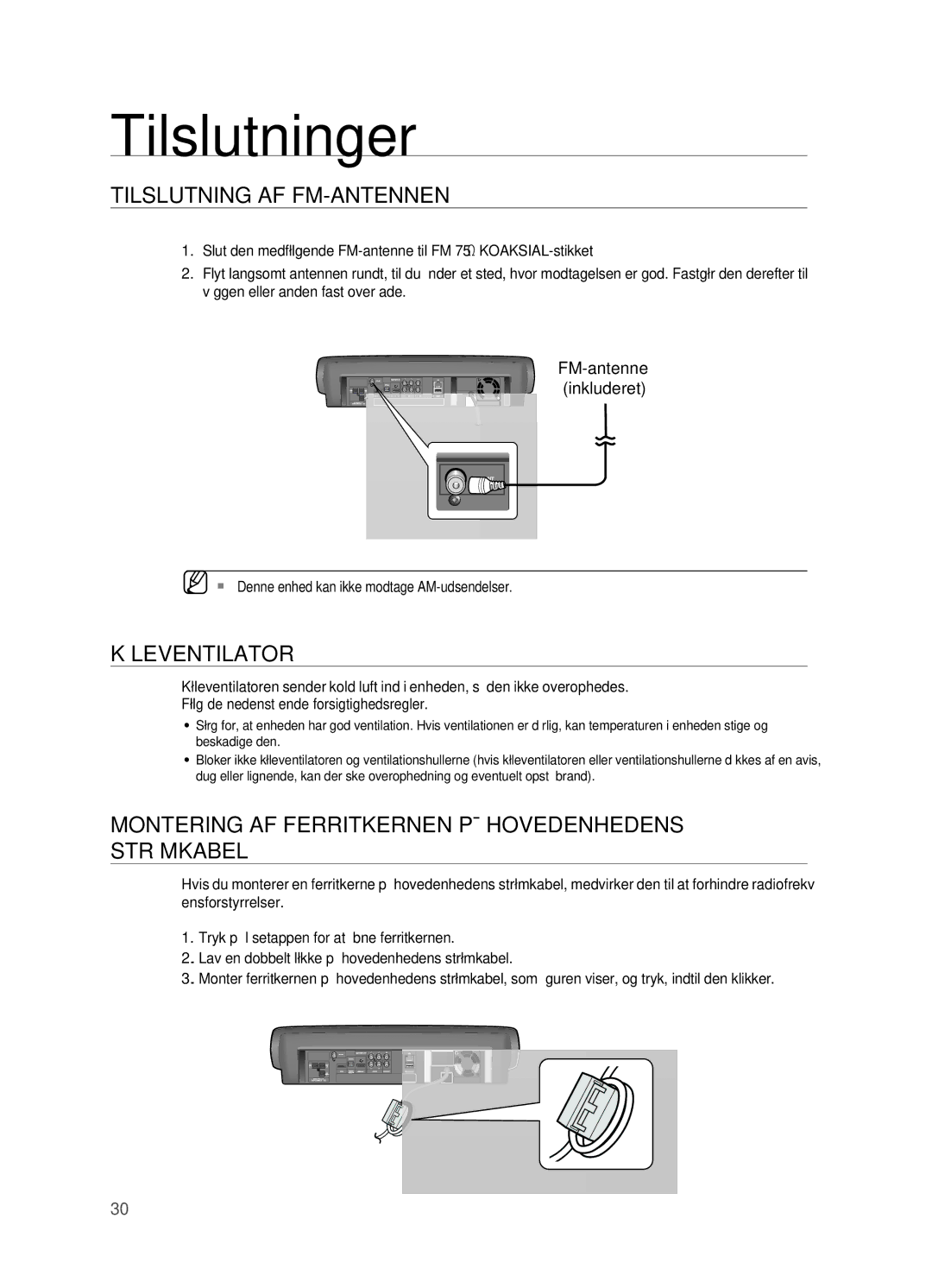 Samsung HT-BD7200R/XEE Tilslutning Af fM-Antennen, KøleVentilAtor, Montering Af ferritkernen på HoVeDenHeDens strøMkABel 