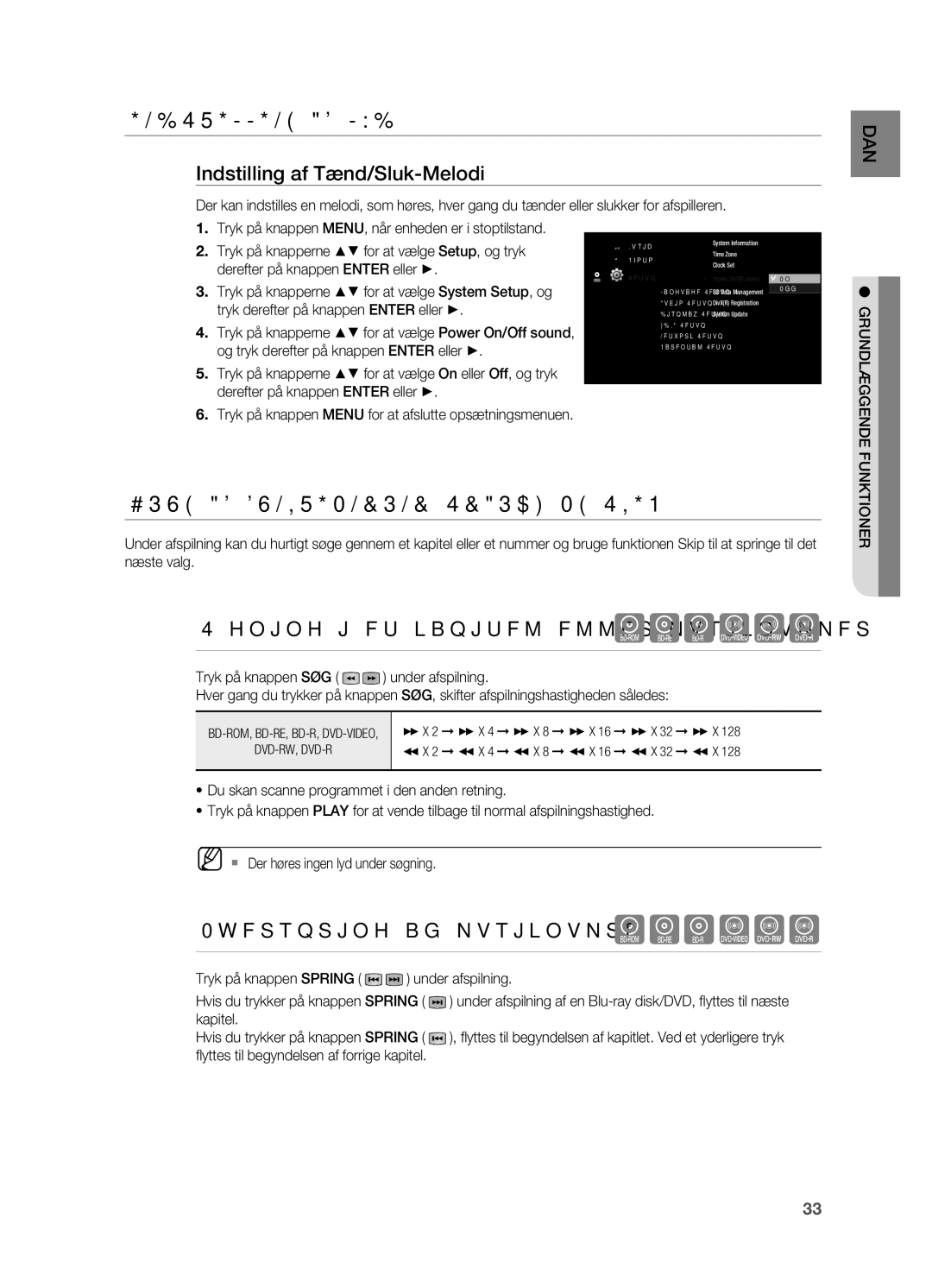 Samsung HT-BD7200R/XEE manual INdSTilliNG aF lYd, BrUG aF FUNkTiONerNe SearCh OG Skip, Indstilling af tænd/sluk-Melodi 