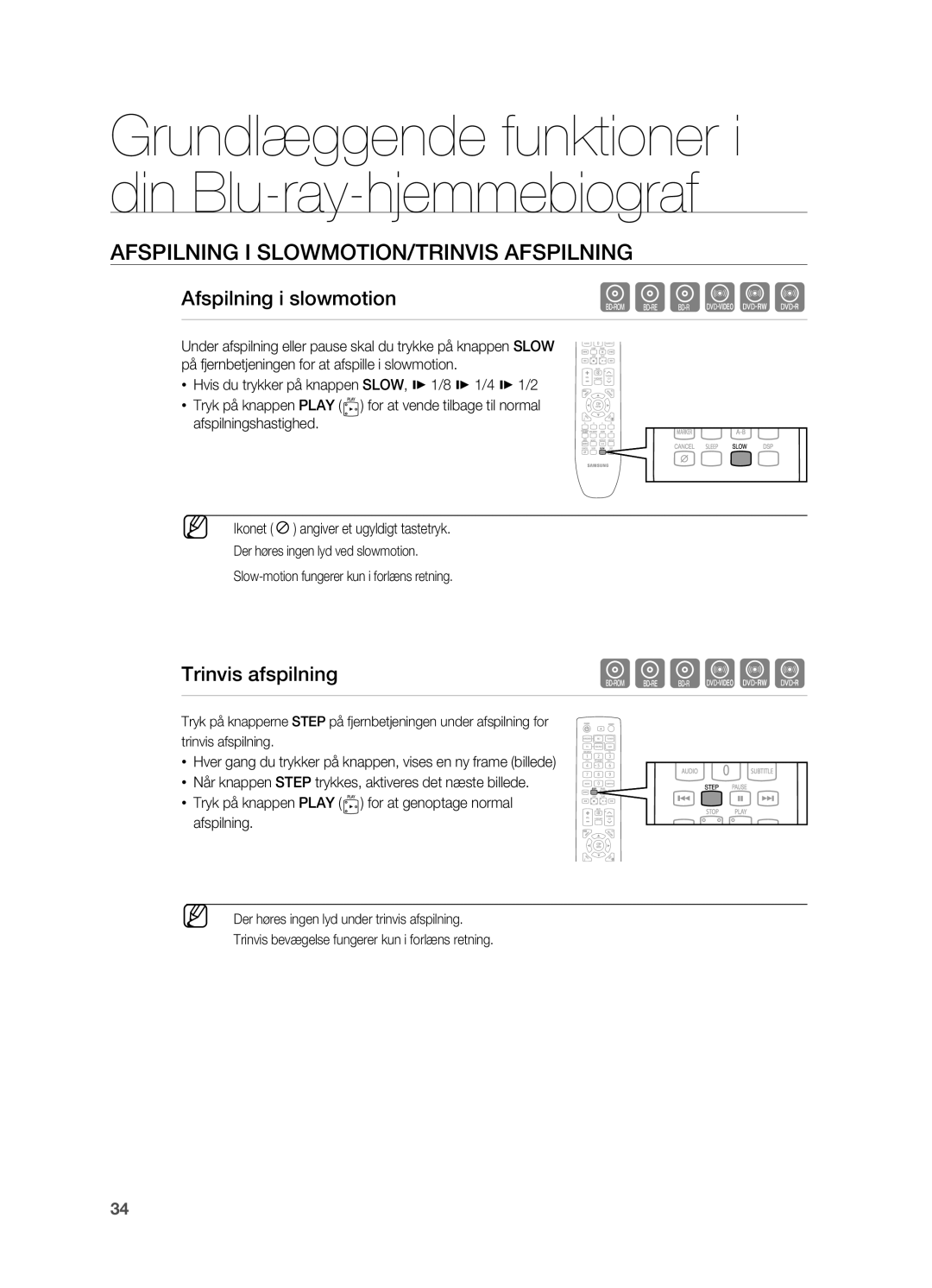 Samsung HT-BD7200R/XEE manual Afspilning i sloWMotion/trinVis Afspilning, Afspilning i slowmotion, Trinvis afspilning 