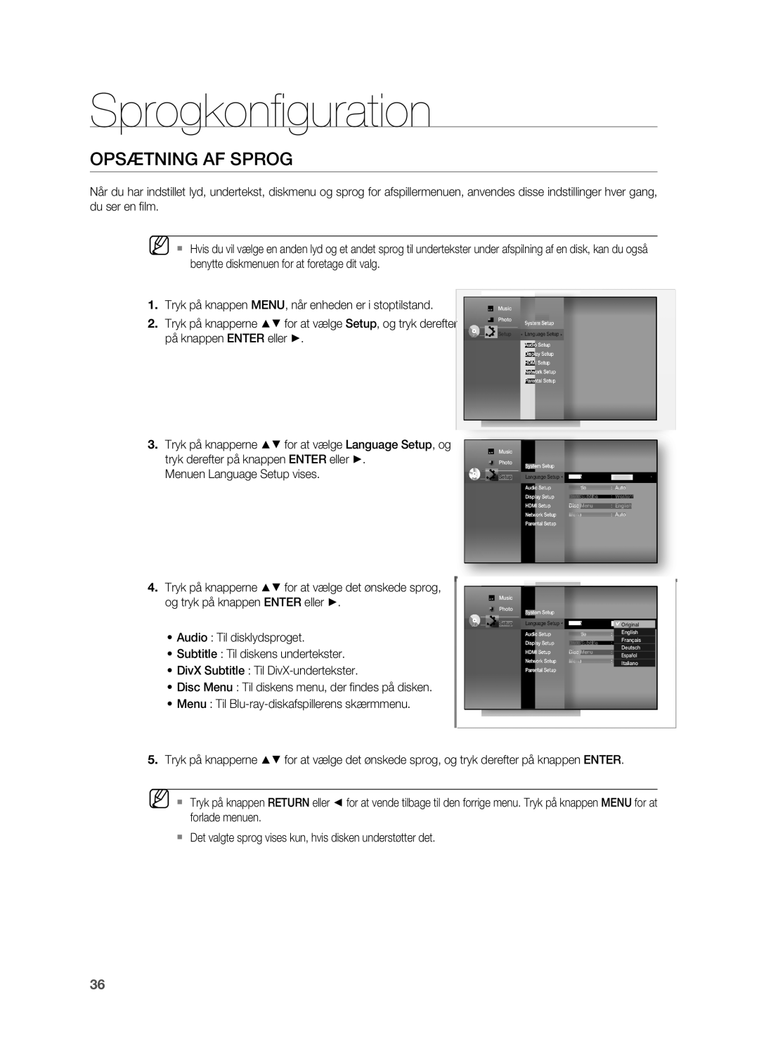 Samsung HT-BD7200R/XEE manual Sprogkonﬁ guration, Opsætning AF Sprog 