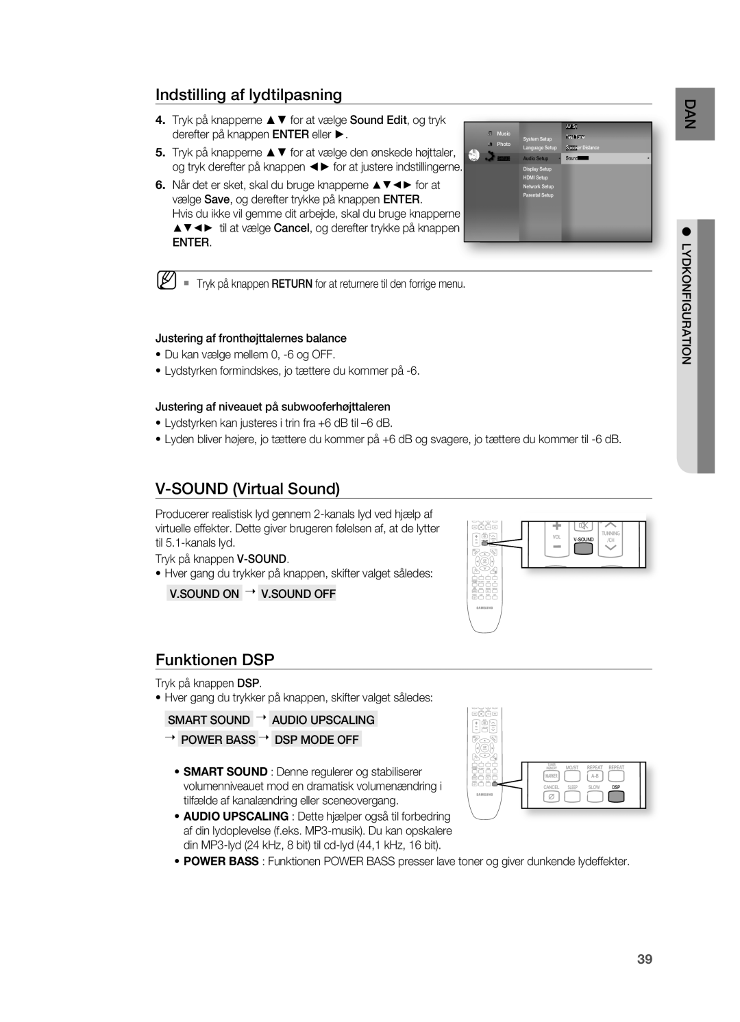 Samsung HT-BD7200R/XEE manual SOund Virtual sound, Funktionen dsp, Vælge save, og derefter trykke på knappen enter, Enter 