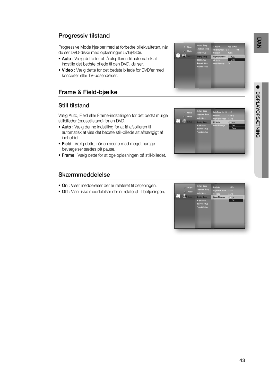 Samsung HT-BD7200R/XEE manual Progressiv tilstand, Frame & Field-bjælke, Skærmmeddelelse, Displayopsætning 