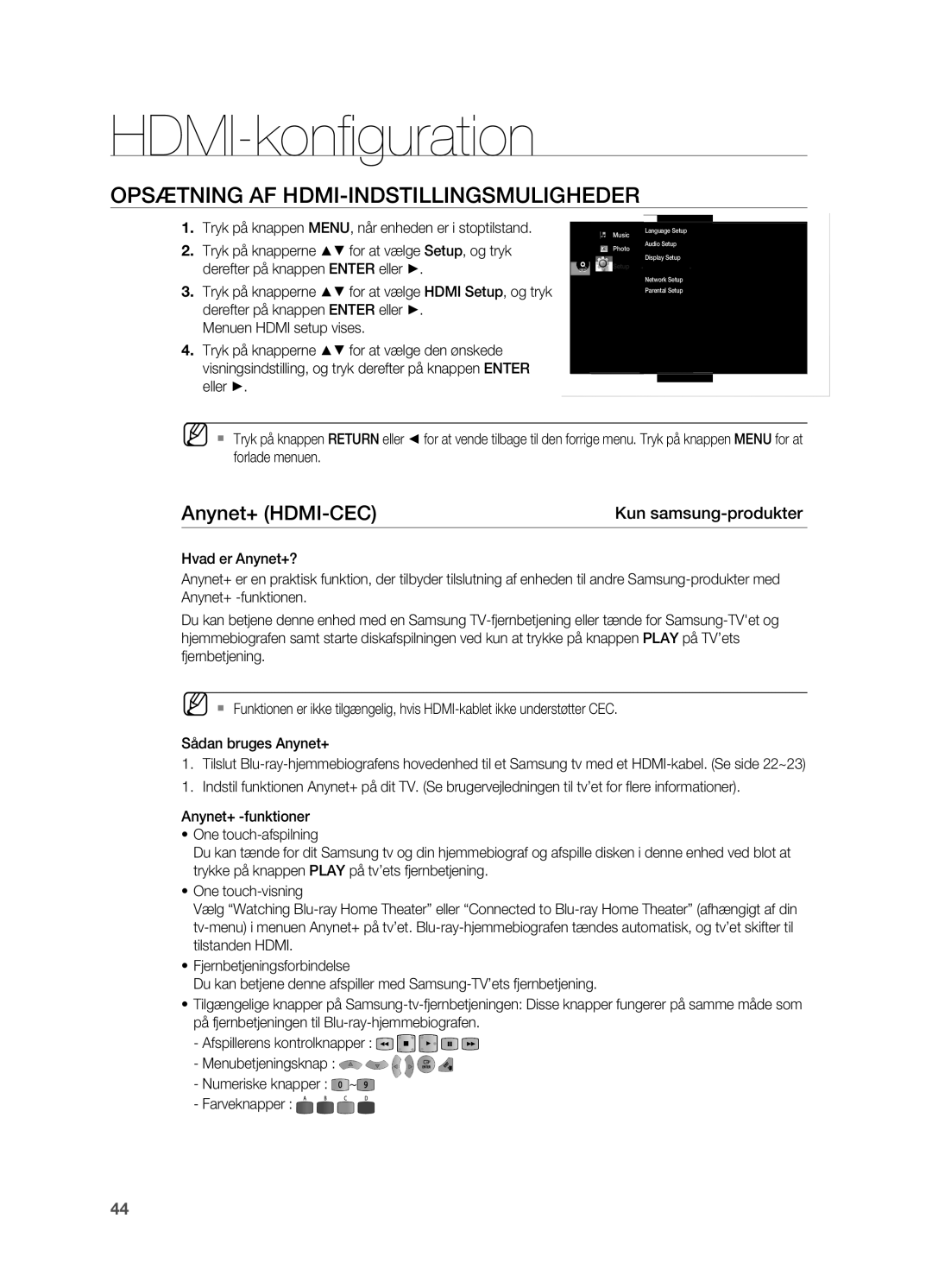 Samsung HT-BD7200R/XEE manual HDMI-konﬁ guration, Opsætning af Hdmi-indstiLLingsmuLigHeder, Anynet+ HDMI-CEC 