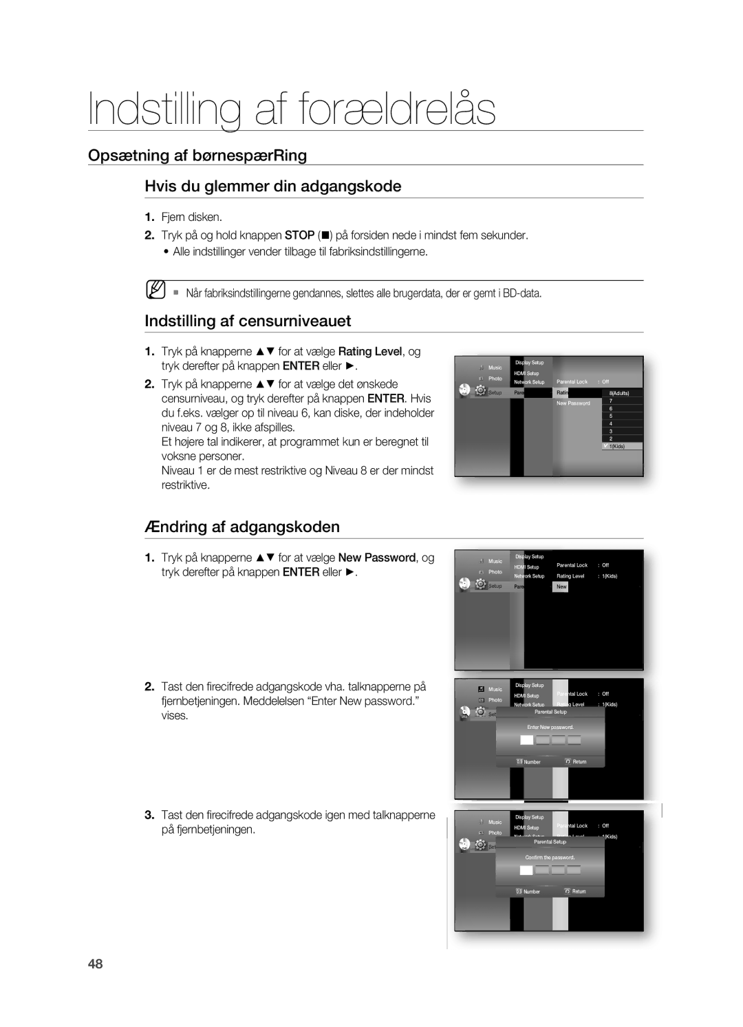 Samsung HT-BD7200R/XEE manual Opsætning af børnespærRing Hvis du glemmer din adgangskode, Indstilling af censurniveauet 