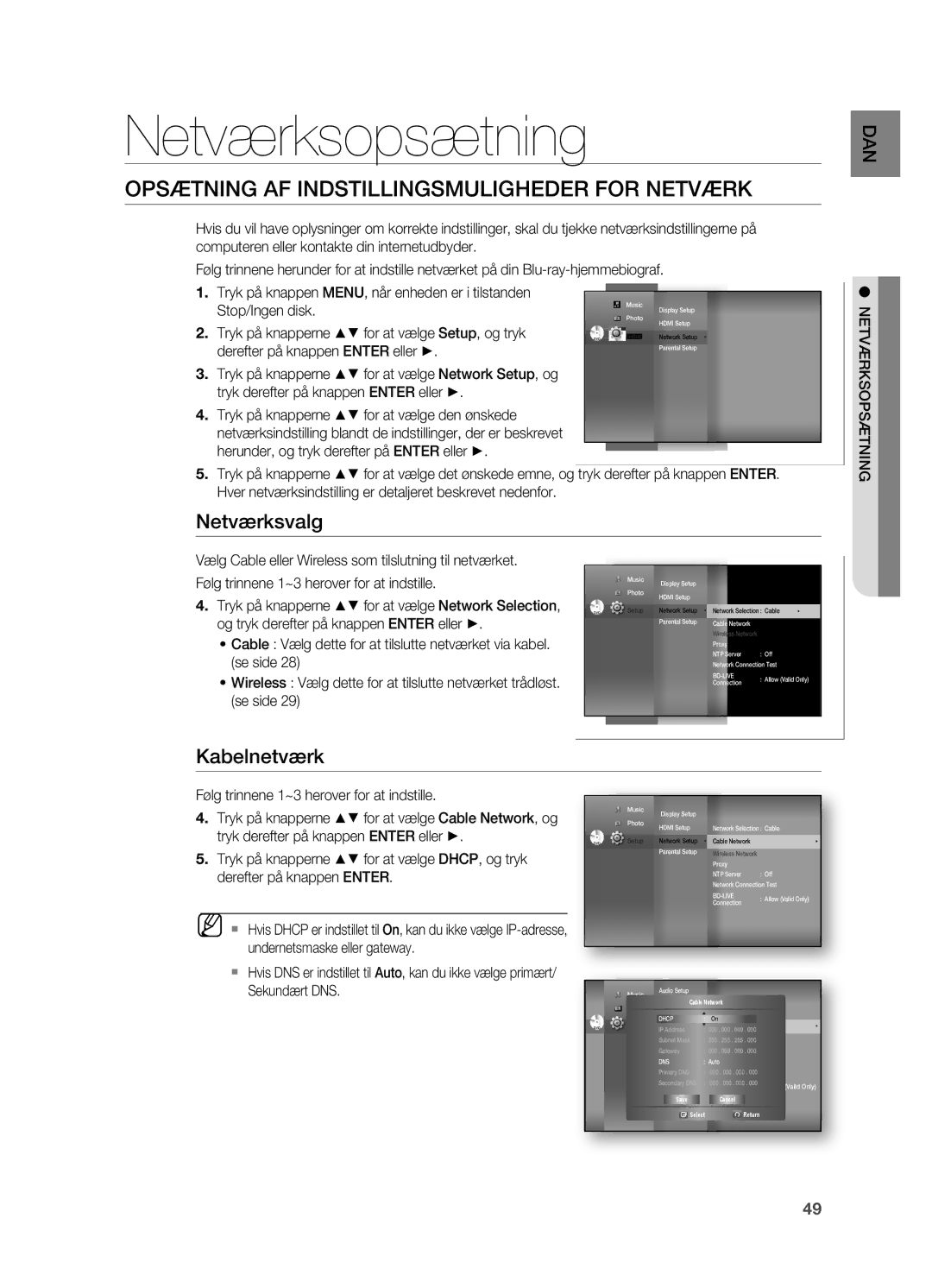 Samsung HT-BD7200R/XEE Netværksopsætning, Opsætning AF Indstillingsmuligheder for Netværk, Netværksvalg, Kabelnetværk 