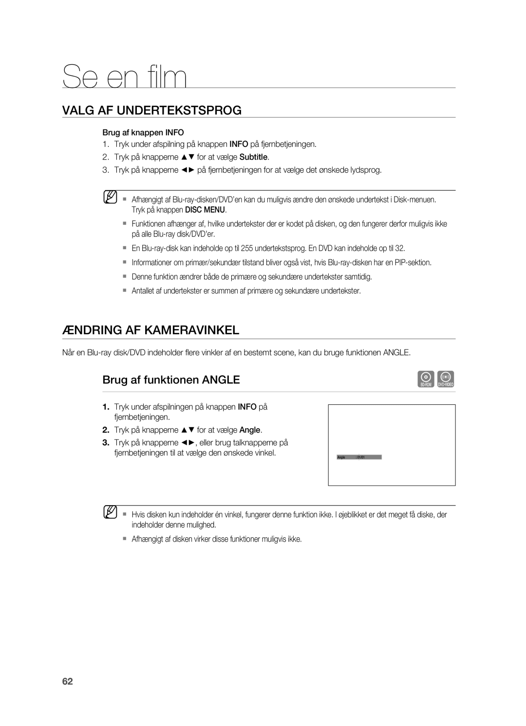 Samsung HT-BD7200R/XEE manual ÆNDriNg Af KAmerAViNKel, Brug af funktionen ANgle 