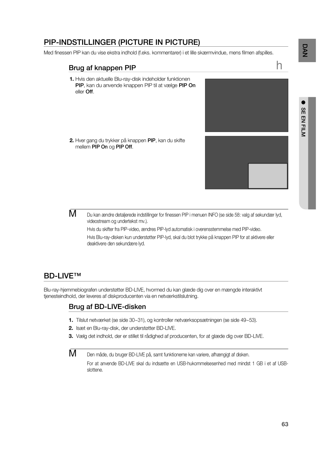 Samsung HT-BD7200R/XEE manual Pip-iNDstilliNger piCtUre iN piCtUre, BD-liVe, Brug af knappen pip, Brug af bD-liVe-disken 
