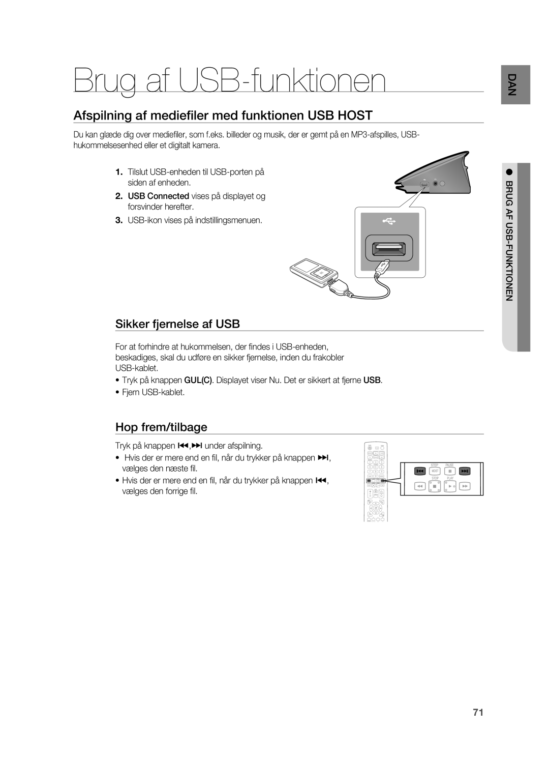 Samsung HT-BD7200R/XEE Brug af USB-funktionen, Afspilning af medieﬁ ler med funktionen USB Host, Sikker fjernelse af Usb 