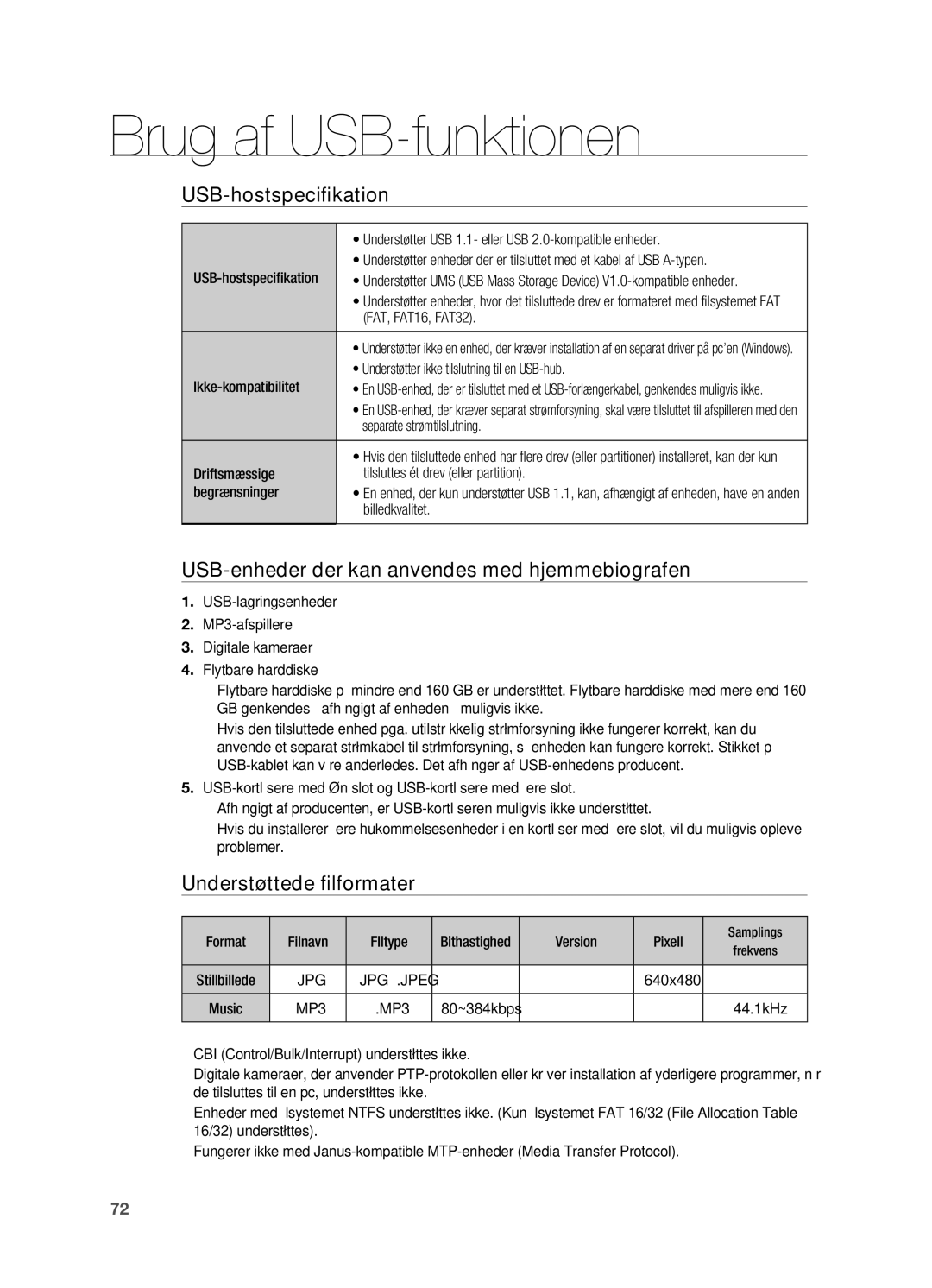 Samsung HT-BD7200R/XEE USB-hostspecifikation, USB-enheder der kan anvendes med hjemmebiografen, Understøttede filformater 