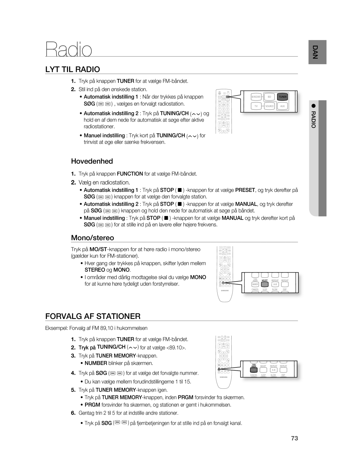 Samsung HT-BD7200R/XEE manual Radio, Lyt til rADiO, FOrVAlg Af stAtiONer, Hovedenhed, Mono/stereo 