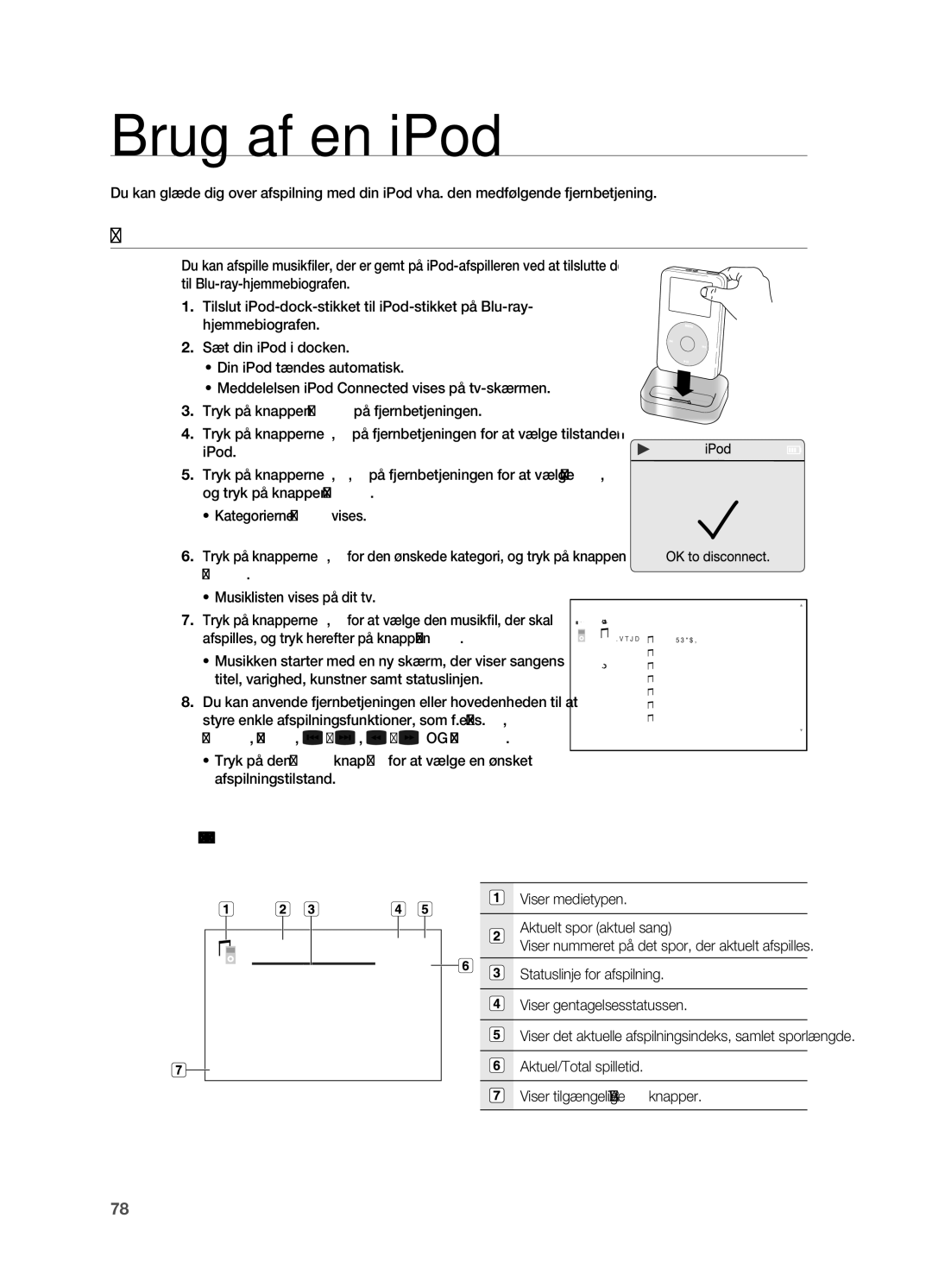 Samsung HT-BD7200R/XEE manual Brug af en iPod, MUsiKlytNiNg, Skærmelementer ved ipod-afspilning 