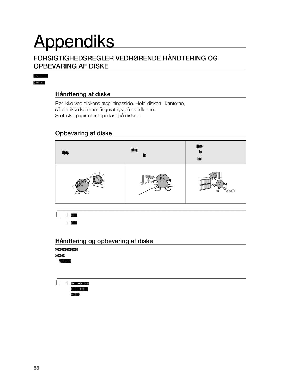 Samsung HT-BD7200R/XEE manual Appendiks, Håndtering af diske, Opbevaring af diske, Håndtering og opbevaring af diske 