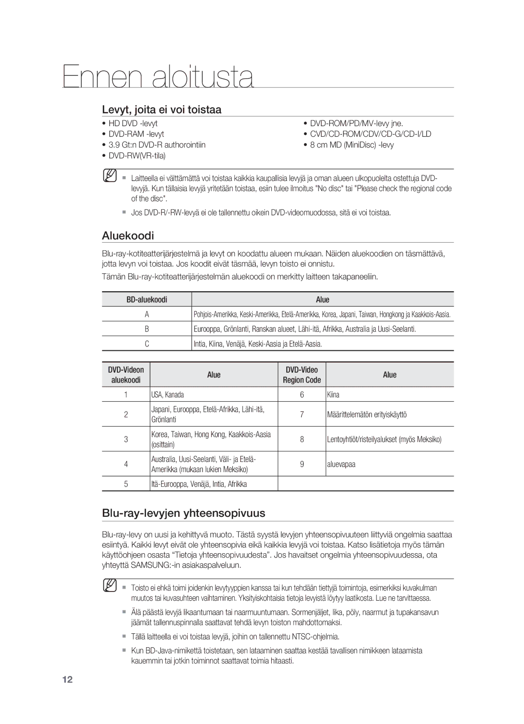 Samsung HT-BD7200R/XEE manual Levyt, joita ei voi toistaa, Aluekoodi, Blu-ray-levyjen yhteensopivuus 