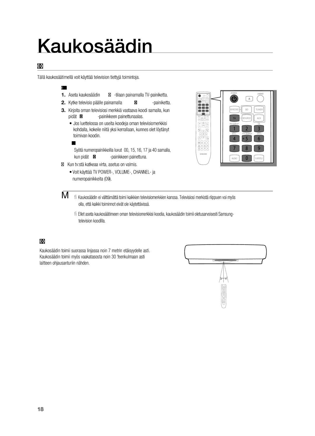 Samsung HT-BD7200R/XEE manual KaukoSäätimen aSetukSet, Kauko-ohjaimen toiminta-alue 