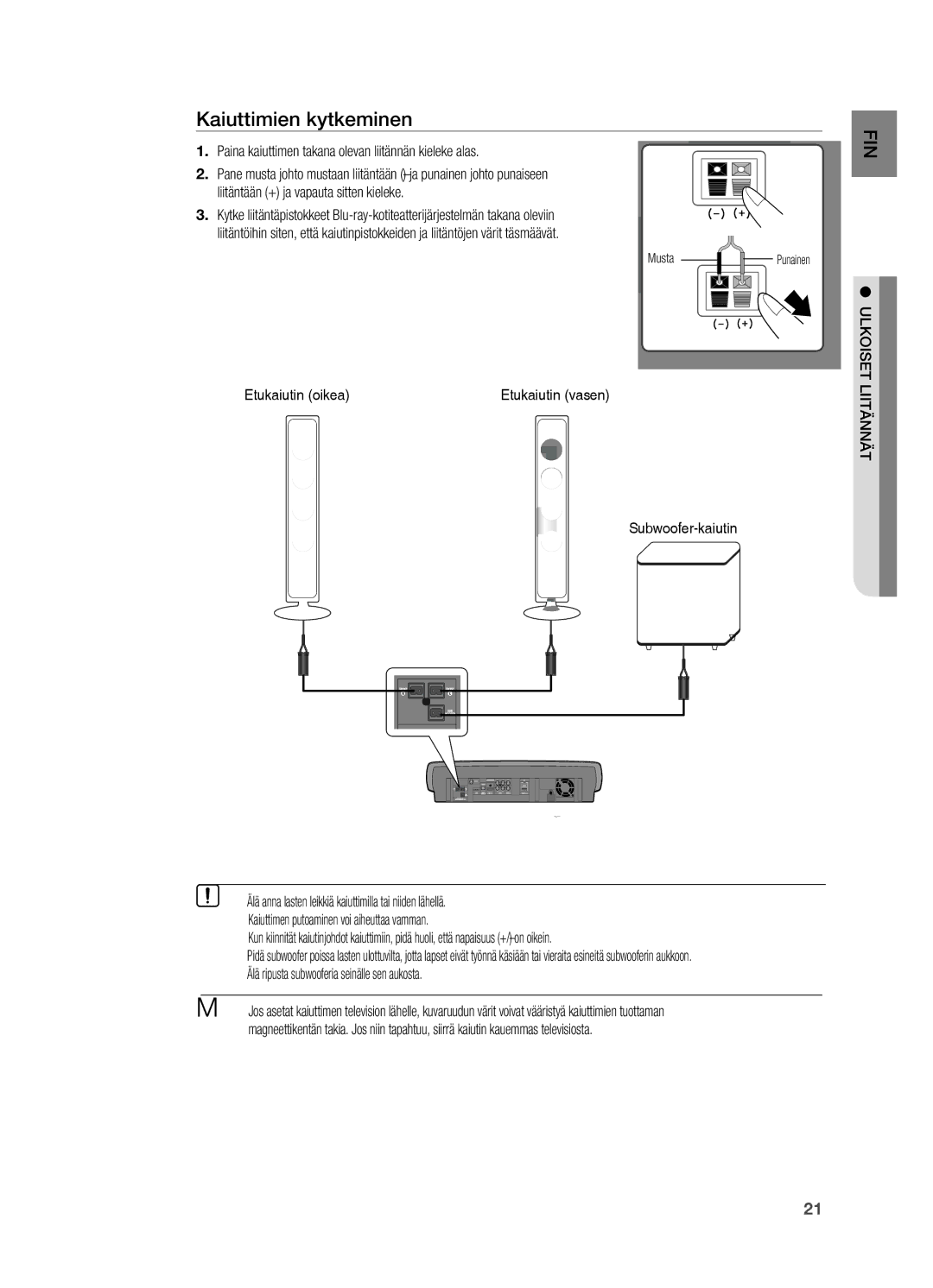 Samsung HT-BD7200R/XEE manual Kaiuttimien kytkeminen, ULkoiSet Liitännät, ` Älä ripusta subwooferia seinälle sen aukosta 