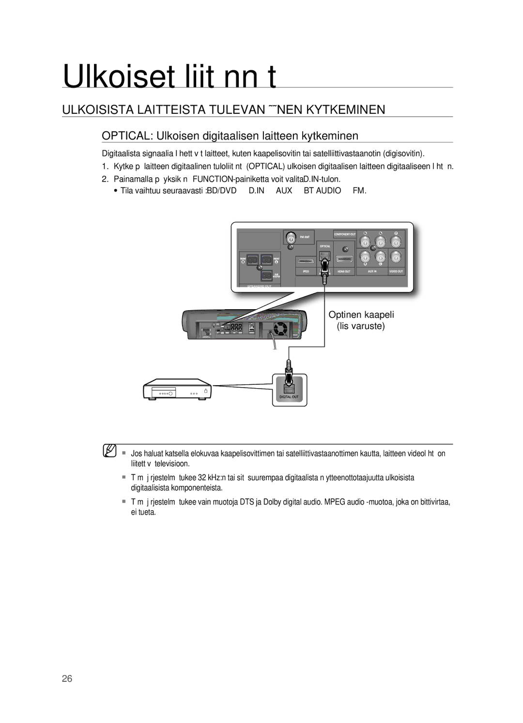 Samsung HT-BD7200R/XEE ULkoiSiSta LaitteiSta tuLeVan äänen kYtkeminen, OPtiCaL ulkoisen digitaalisen laitteen kytkeminen 