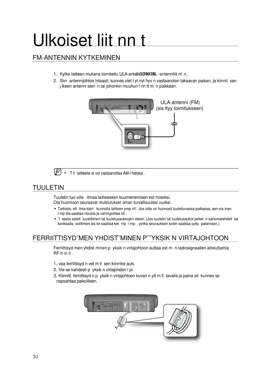 Samsung HT-BD7200R/XEE manual Fm-antennin kYtkeminen, TuuLetin, FeRRiittiSYdämen YHdiStäminen PääYkSikön ViRtajoHtoon 