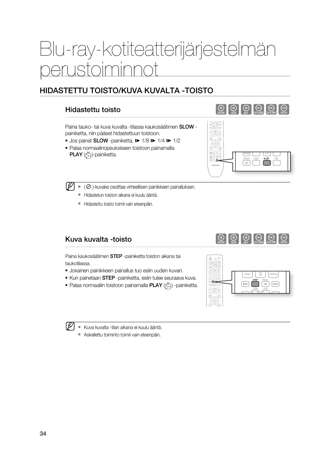 Samsung HT-BD7200R/XEE manual HiDaSTeTTu ToiSTo/Kuva KuvaLTa -ToiSTo, Hidastettu toisto, Kuva kuvalta -toistohgfZCV 