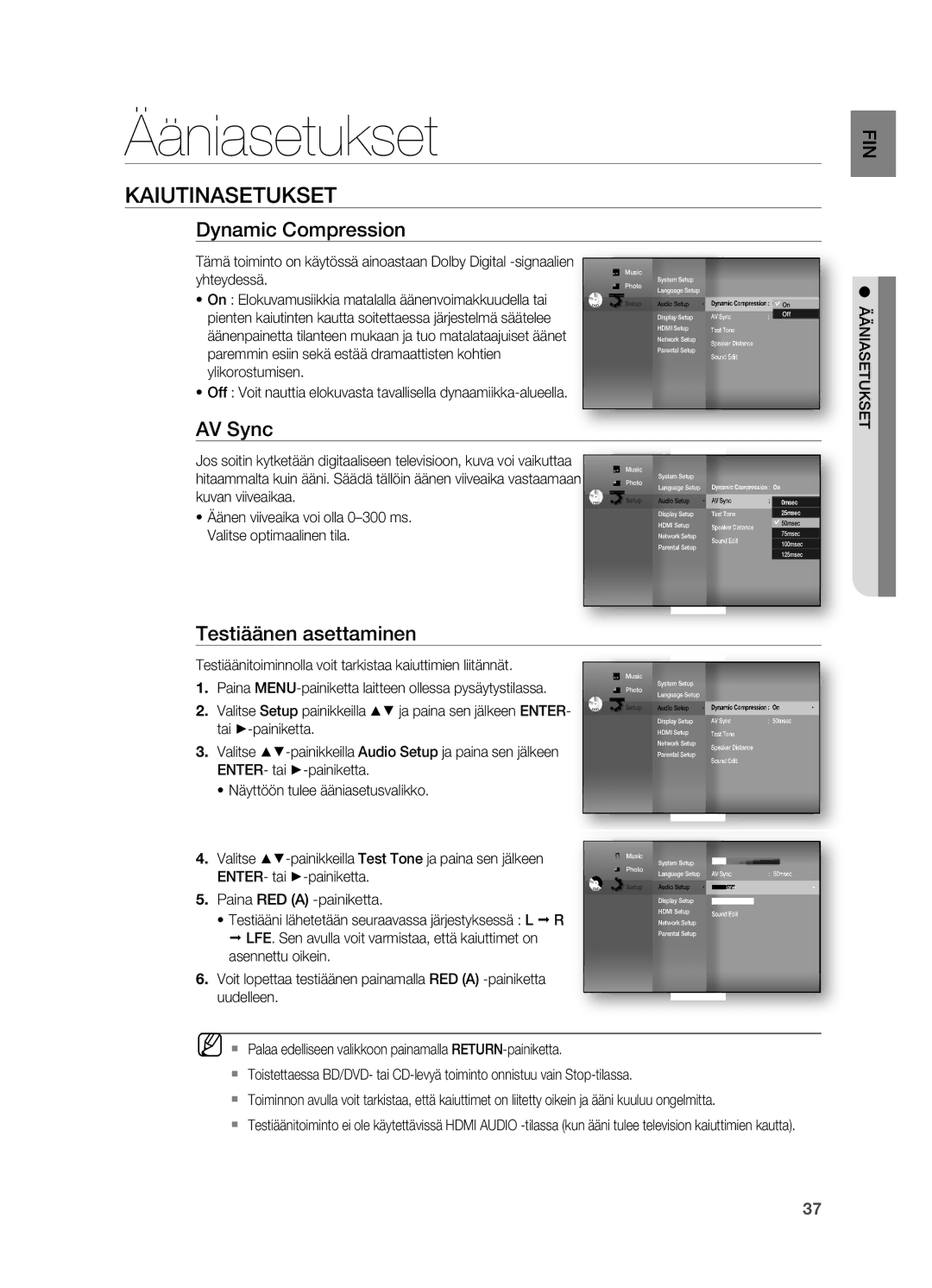 Samsung HT-BD7200R/XEE manual Ääniasetukset, KaiutinasetuKset, Dynamic Compression, AV sync, Testiäänen asettaminen 