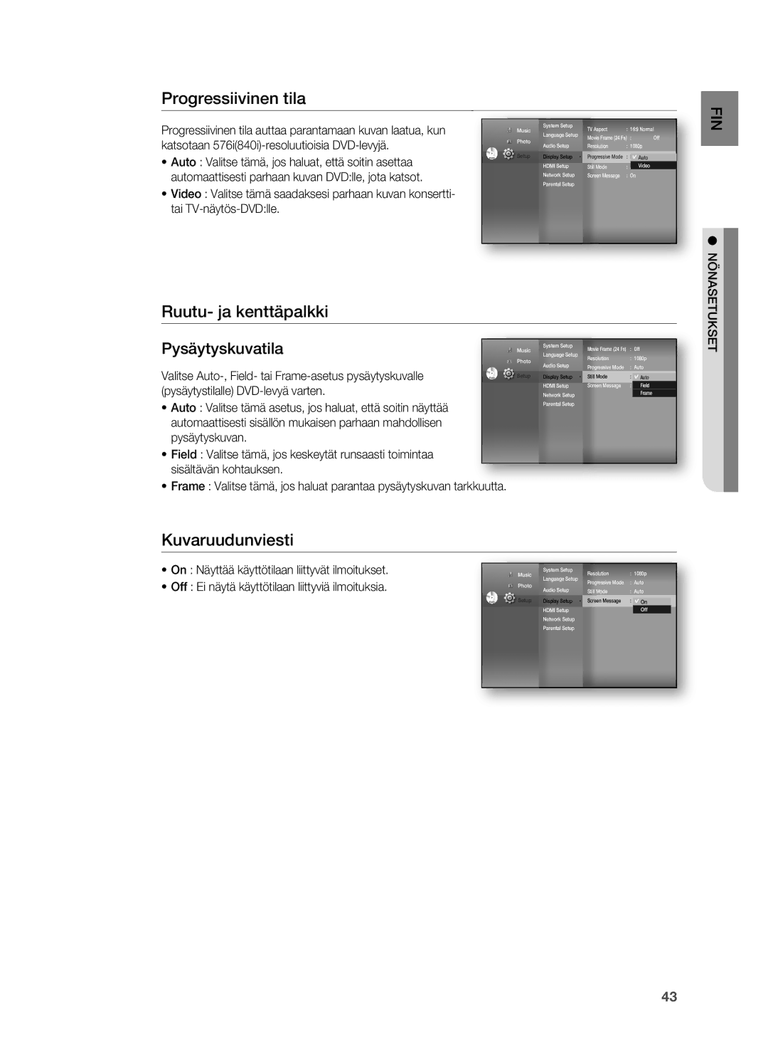 Samsung HT-BD7200R/XEE manual Progressiivinen tila, Ruutu- ja kenttäpalkki, Kuvaruudunviesti 