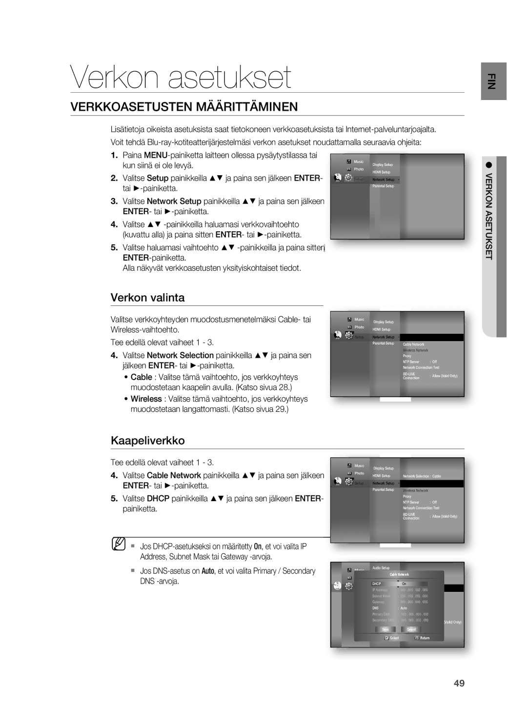 Samsung HT-BD7200R/XEE manual Verkon asetukset, Verkon valinta, Kaapeliverkko 