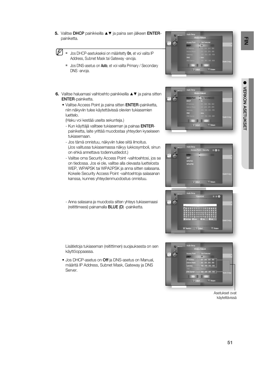 Samsung HT-BD7200R/XEE manual Asetukset ovat 