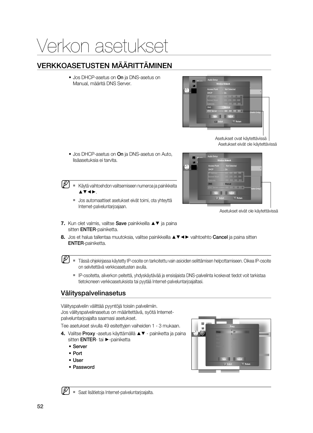 Samsung HT-BD7200R/XEE manual Välityspalvelinasetus,  Saat lisätietoja Internet-palveluntarjoajalta 