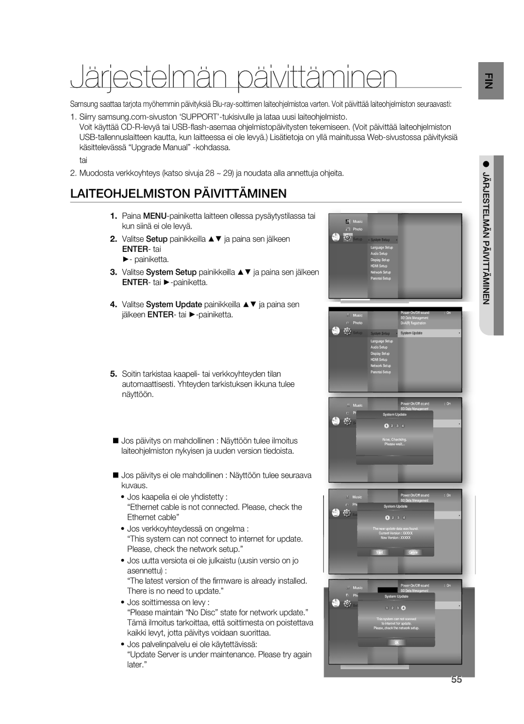 Samsung HT-BD7200R/XEE manual Järjestelmän päivittäminen, LaIteoHjelmIstoN PäIvIttämINeN 