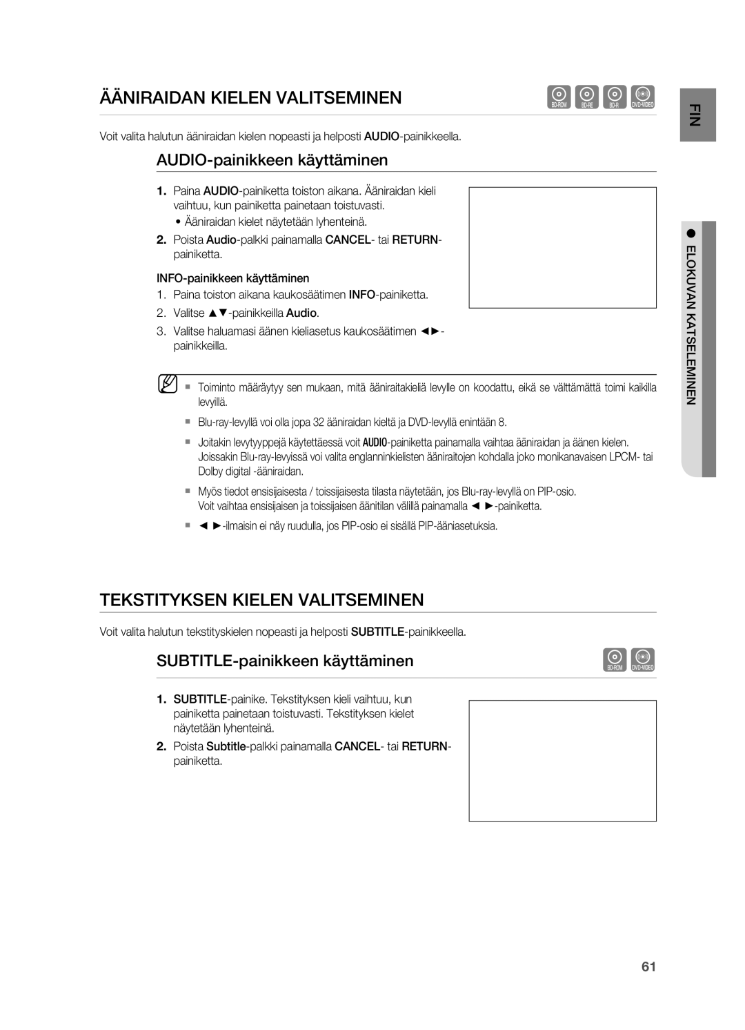 Samsung HT-BD7200R/XEE ÄäNIRaIDaN kIeleN valItsemINeN, TekstItykseN kIeleN valItsemINeN, AuDIo-painikkeen käyttäminen 