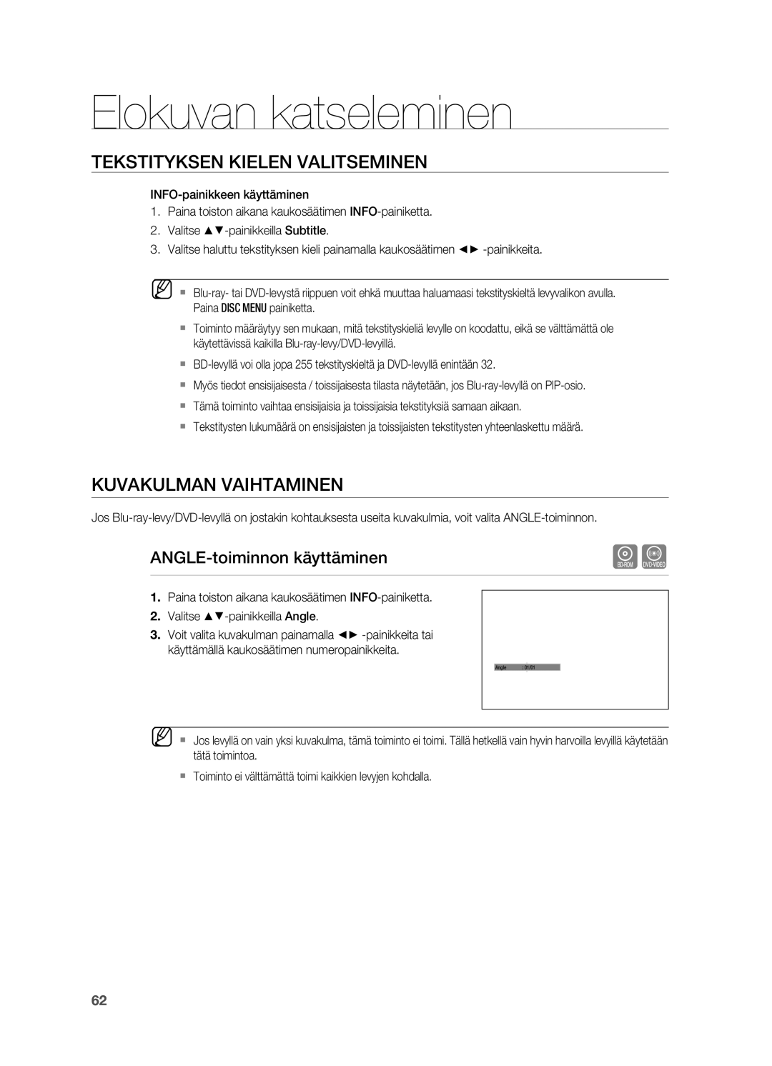 Samsung HT-BD7200R/XEE manual KuvakulmaN vaIHtamINeN, ANGle-toiminnon käyttäminen 