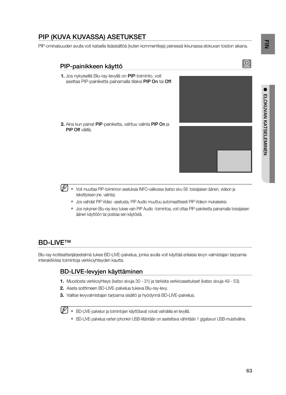 Samsung HT-BD7200R/XEE manual PIP kuva kuvassa asetukset, PIP-painikkeen käyttö, BD-lIve-levyjen käyttäminen 