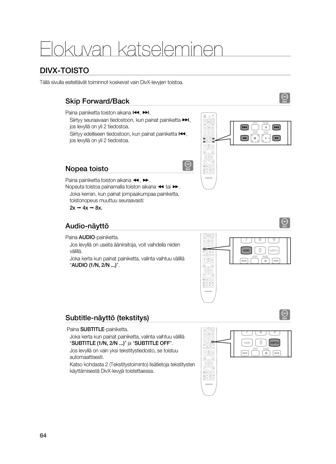 Samsung HT-BD7200R/XEE manual DIvX-toIsto, Skip Forward/Back, Nopea toisto, Audio-näyttö, Subtitle-näyttö tekstitys 