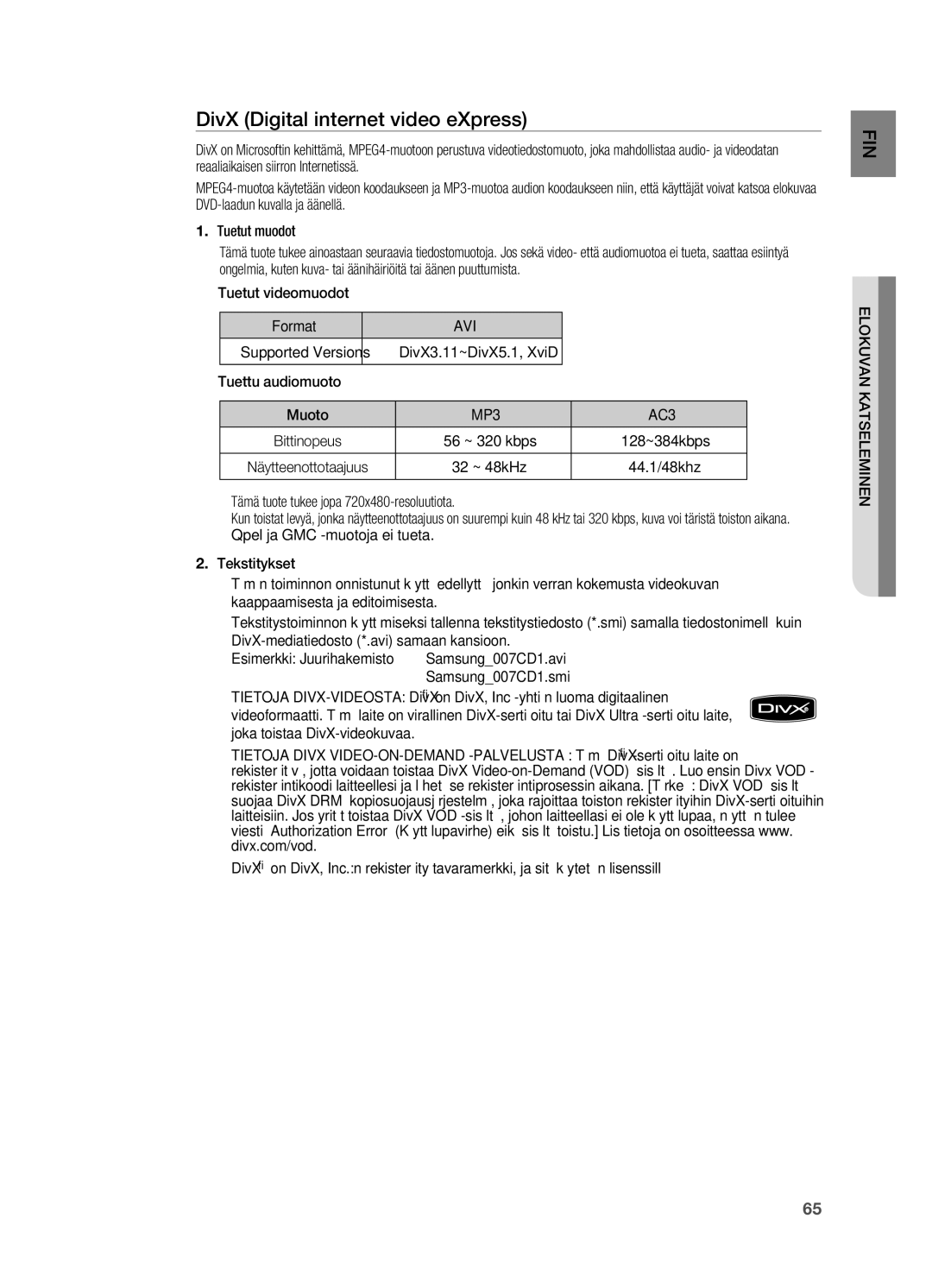 Samsung HT-BD7200R/XEE manual DivX Digital internet video eXpress, Avi 