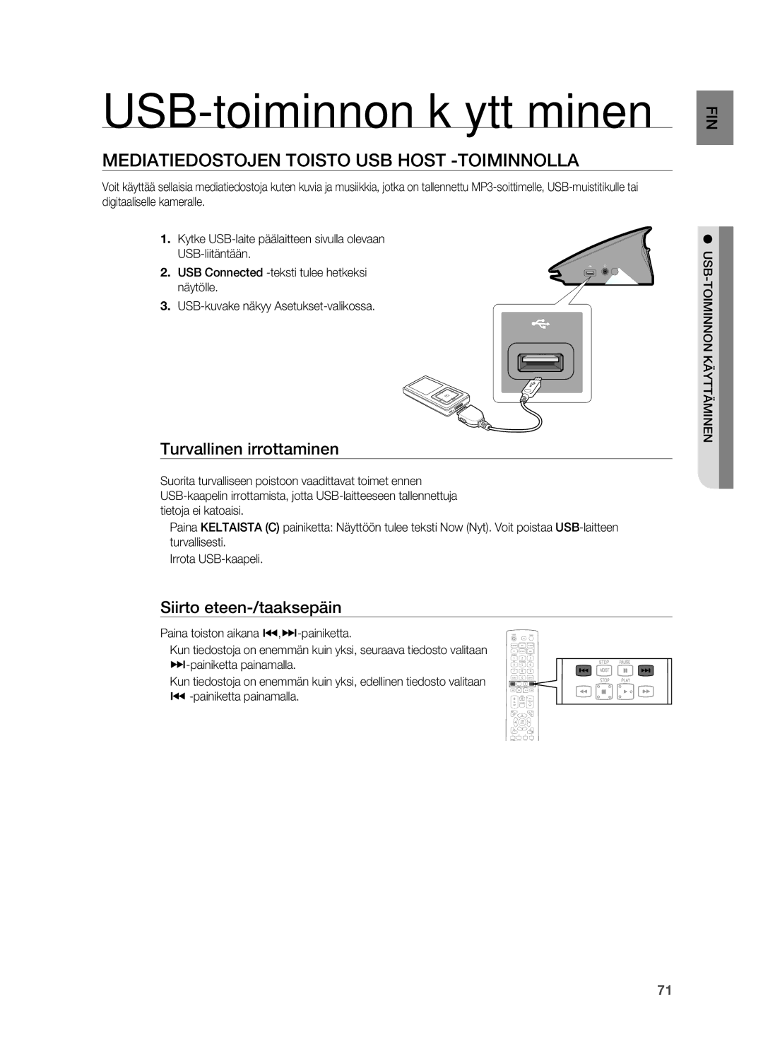 Samsung HT-BD7200R/XEE USB-toiminnon käyttäminen, MeDIatIeDostojeN toIsto usB Host -toImINNolla, Turvallinen irrottaminen 