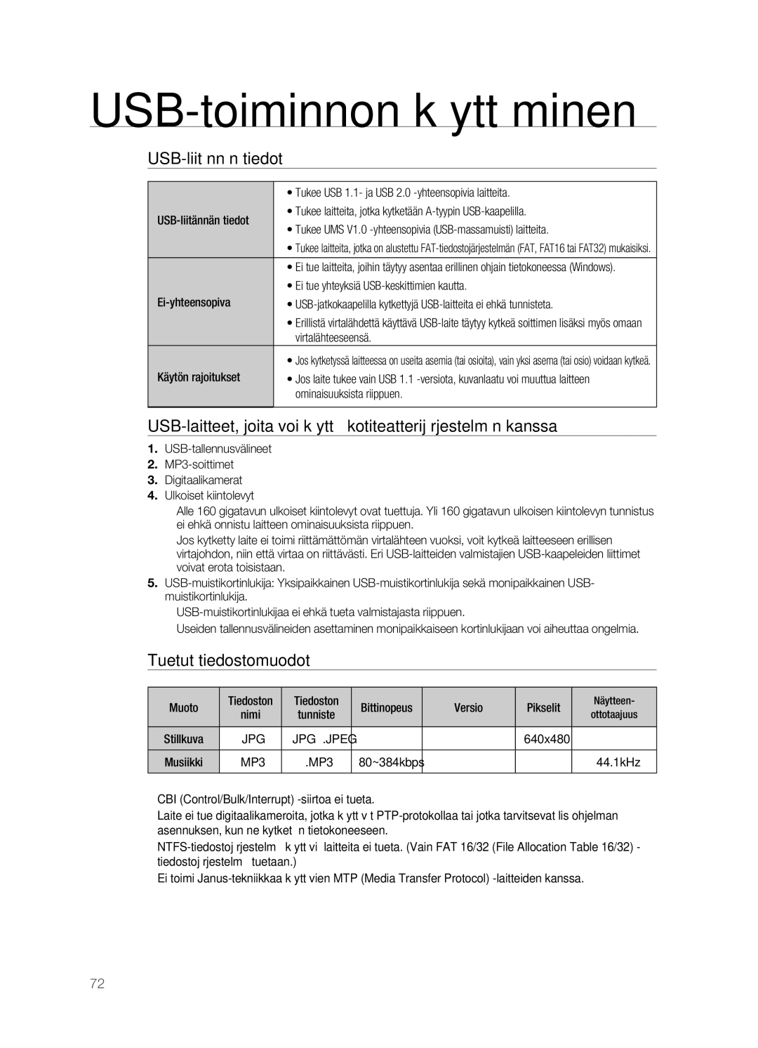 Samsung HT-BD7200R/XEE manual USB-liitännän tiedot, Tuetut tiedostomuodot 