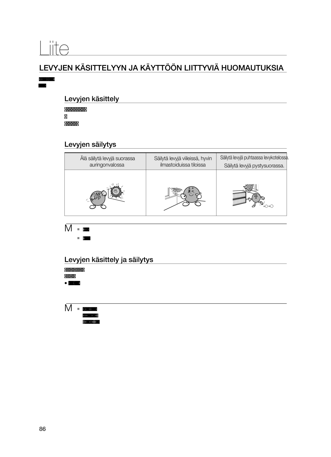 Samsung HT-BD7200R/XEE manual Liite, Levyjen käsittelyyn ja käyttöön liittyviä huomautuksia, Levyjen säilytys 