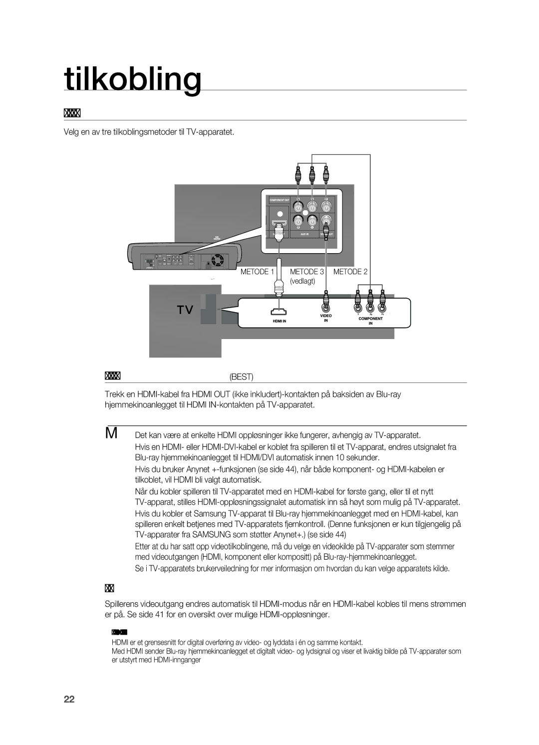 Samsung HT-BD7200R/XEE manual KoBle ViDeouTgAngen Til TV-AppArATeT, MeToDe 1 HDMi, HDMi autoregistreringsfunksjon, Best 