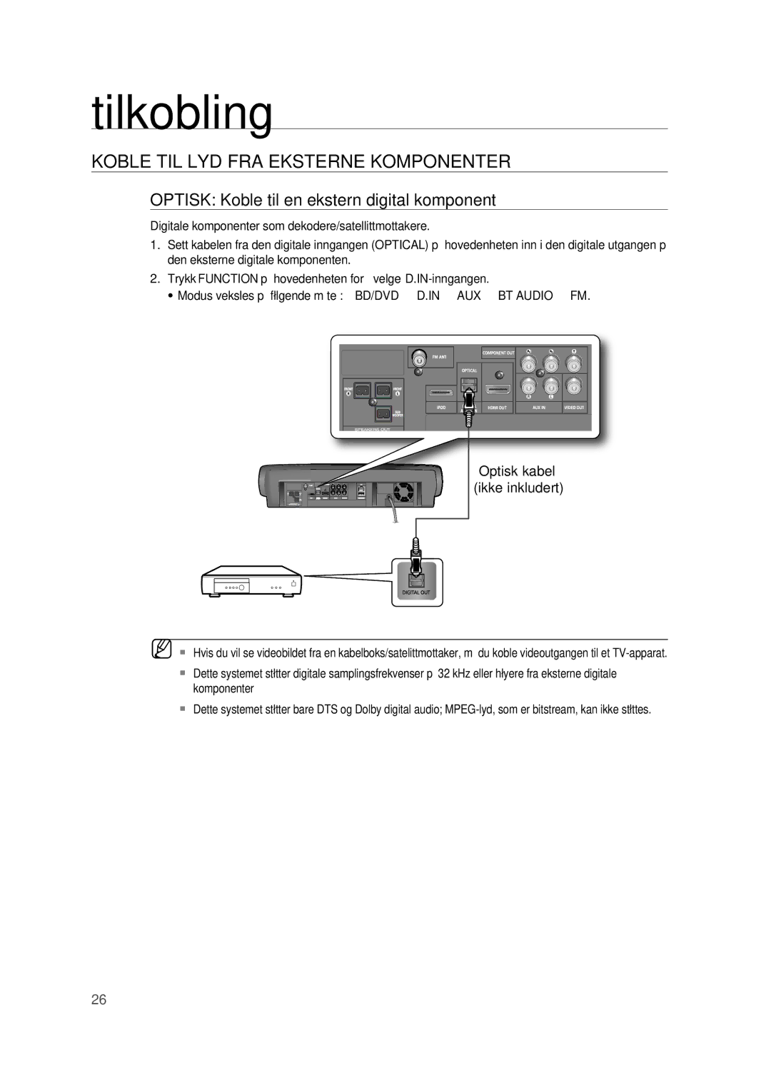 Samsung HT-BD7200R/XEE manual KoBle Til lYD FrA eksTerne koMponenTer, OpTisk koble til en ekstern digital komponent 