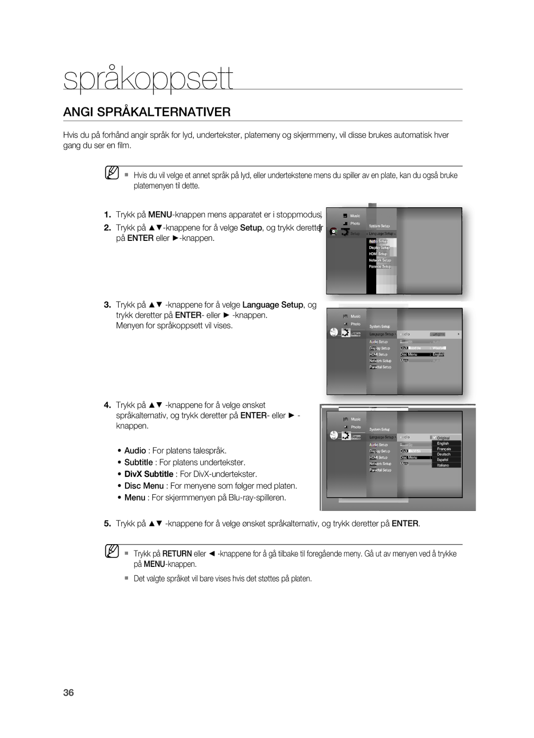 Samsung HT-BD7200R/XEE manual Språkoppsett, Angi Språkalternativer 