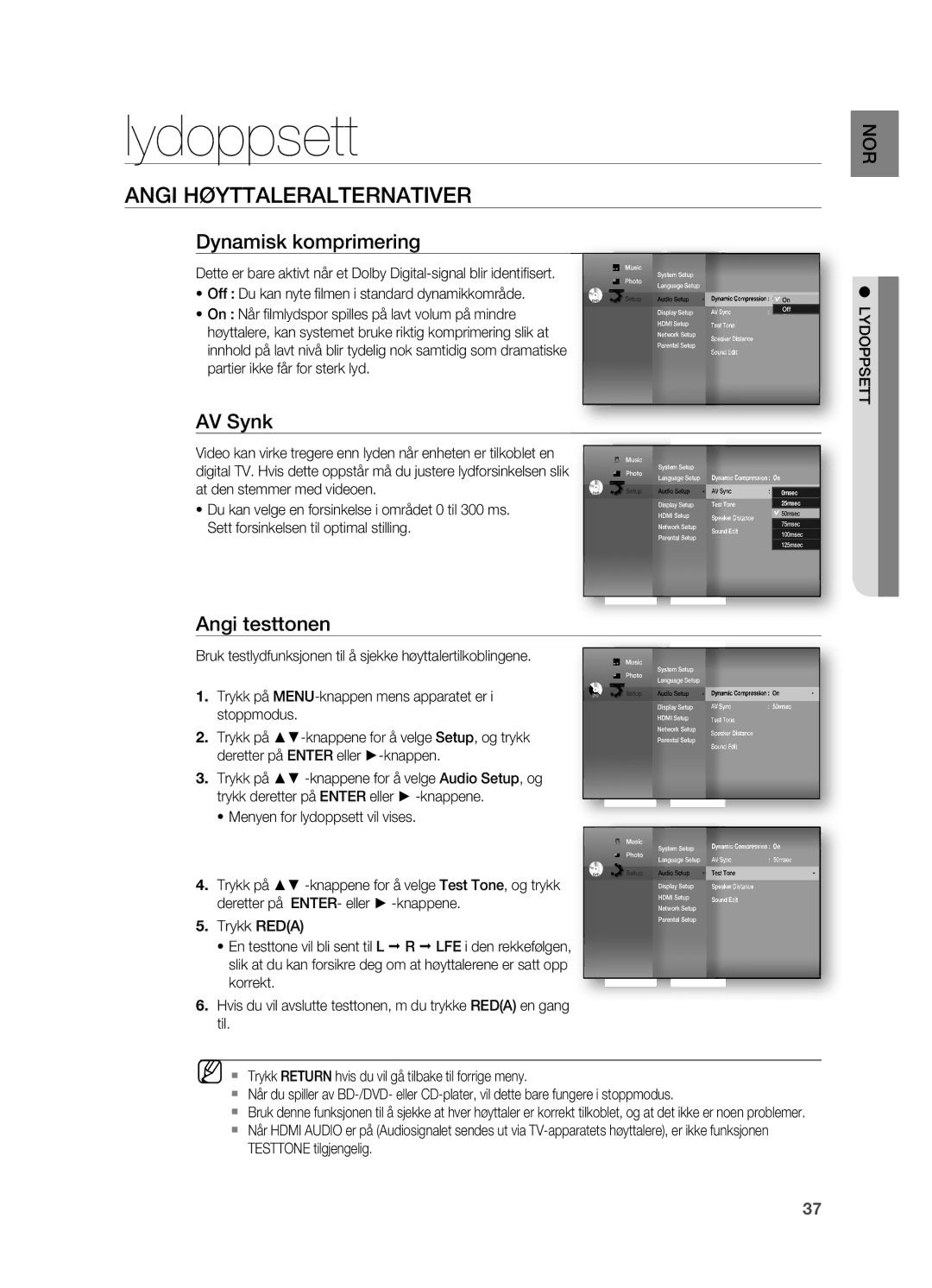 Samsung HT-BD7200R/XEE manual Lydoppsett, Angi Høyttaleralternativer, Dynamisk komprimering, AV Synk, Angi testtonen 