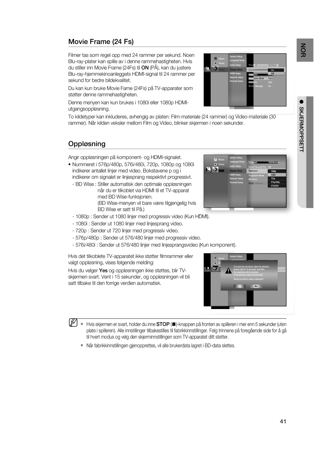 Samsung HT-BD7200R/XEE manual Movie Frame 24 Fs, Oppløsning, Sekund for bedre bildekvalitet 