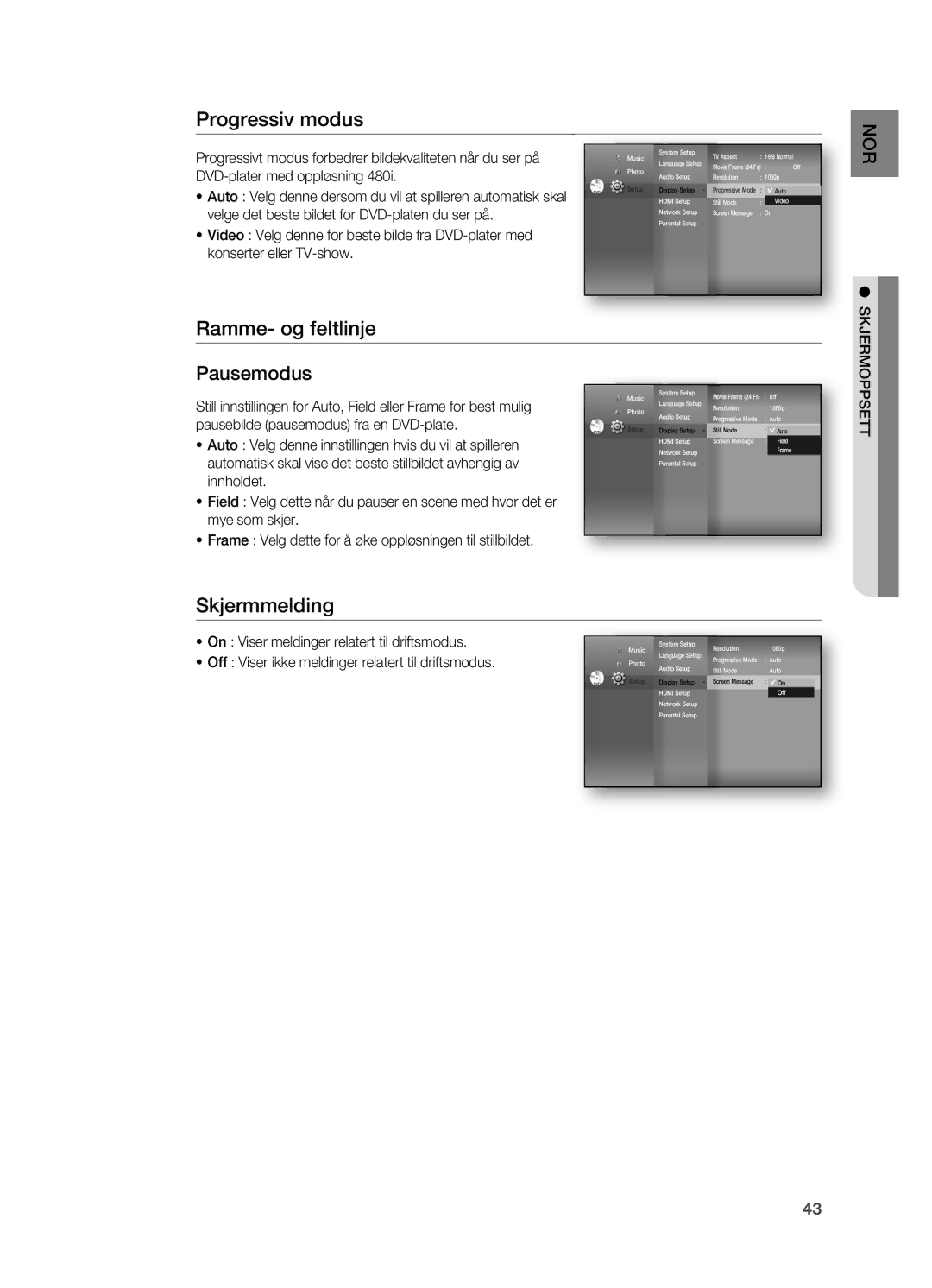 Samsung HT-BD7200R/XEE manual Progressiv modus, Ramme- og feltlinje Pausemodus, Skjermmelding 